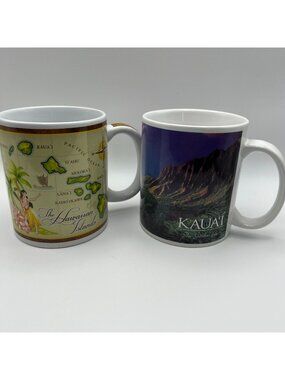 Set Of 2 Hawaiian Coffee Mugs Featuring Kauai Island Scenic Views & Hawaiian Isl